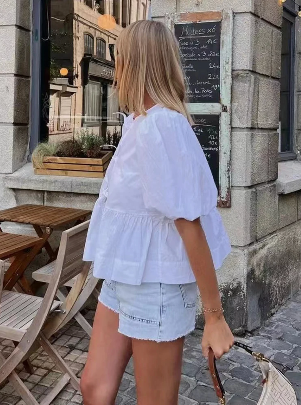 Women Puff Sleeve Bow Button Top Vintage Ruffle Hem Summer Blouse