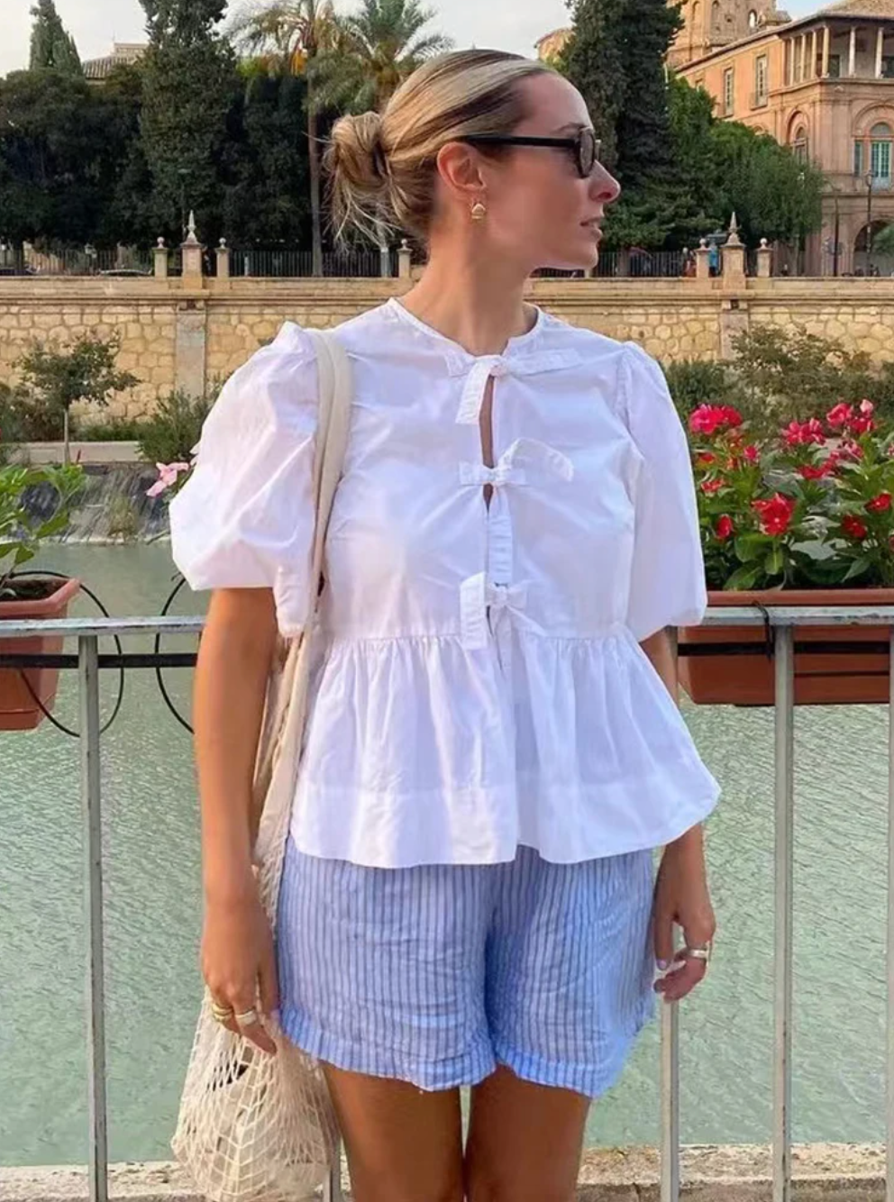 Women Puff Sleeve Bow Button Top Vintage Ruffle Hem Summer Blouse