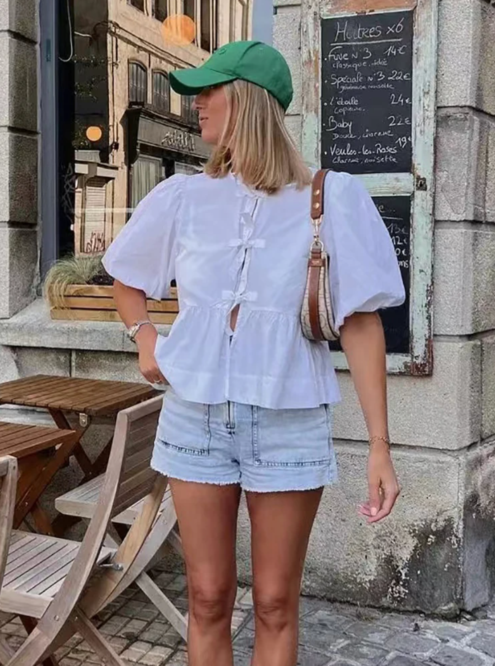 Women Puff Sleeve Bow Button Top Vintage Ruffle Hem Summer Blouse
