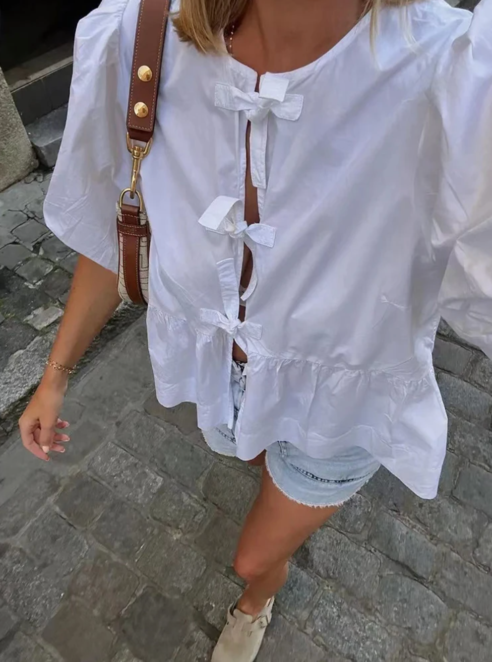 Women Puff Sleeve Bow Button Top Vintage Ruffle Hem Summer Blouse