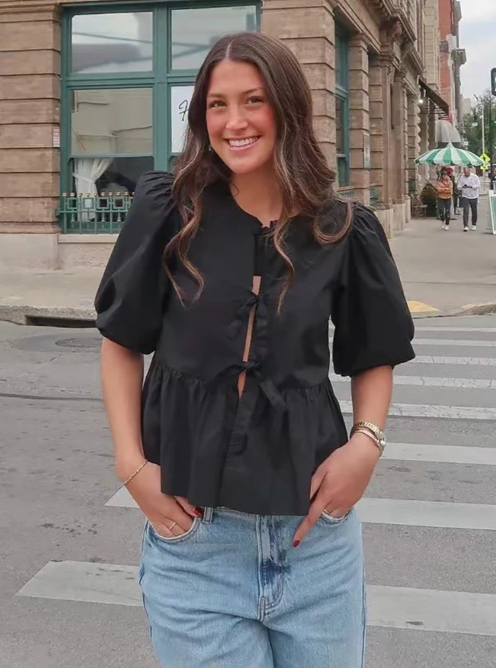 Women Puff Sleeve Bow Button Top Vintage Ruffle Hem Summer Blouse