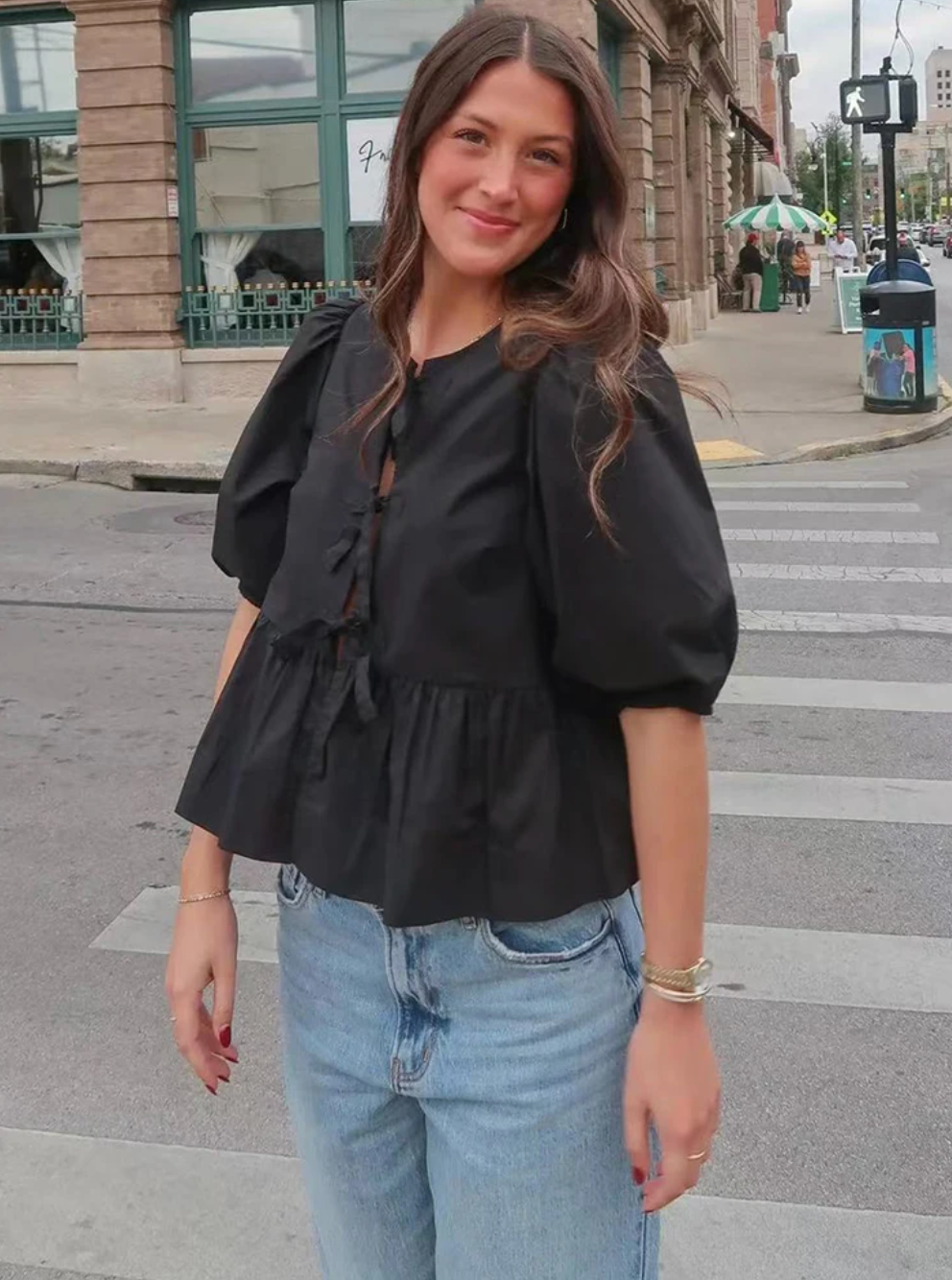 Women Puff Sleeve Bow Button Top Vintage Ruffle Hem Summer Blouse