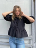Women Puff Sleeve Bow Button Top Vintage Ruffle Hem Summer Blouse