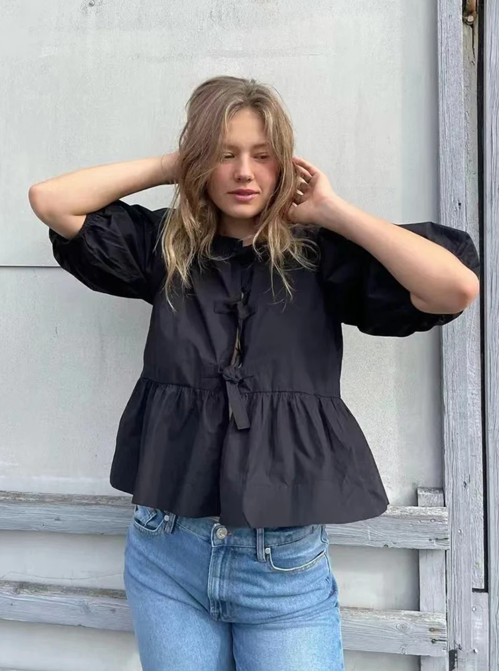 Women Puff Sleeve Bow Button Top Vintage Ruffle Hem Summer Blouse