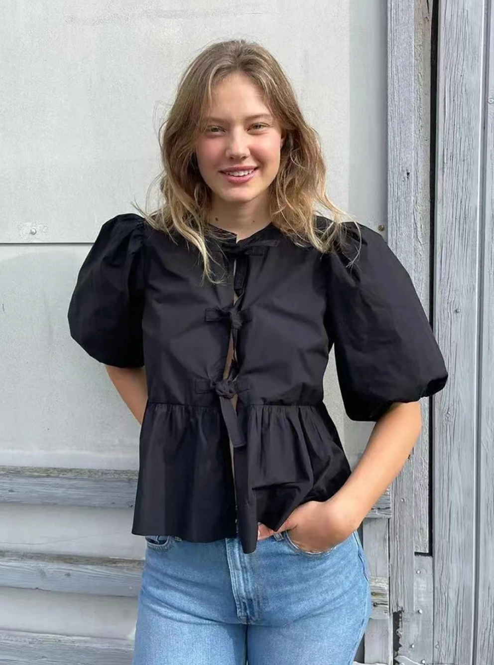 Women Puff Sleeve Bow Button Top Vintage Ruffle Hem Summer Blouse