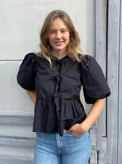 Women Puff Sleeve Bow Button Top Vintage Ruffle Hem Summer Blouse