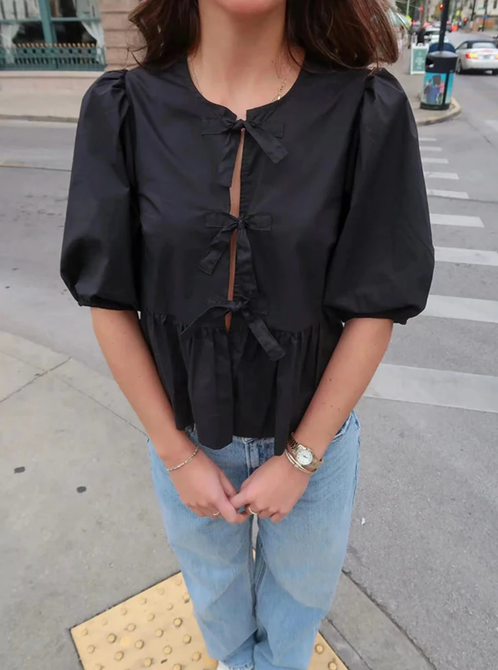 Women Puff Sleeve Bow Button Top Vintage Ruffle Hem Summer Blouse