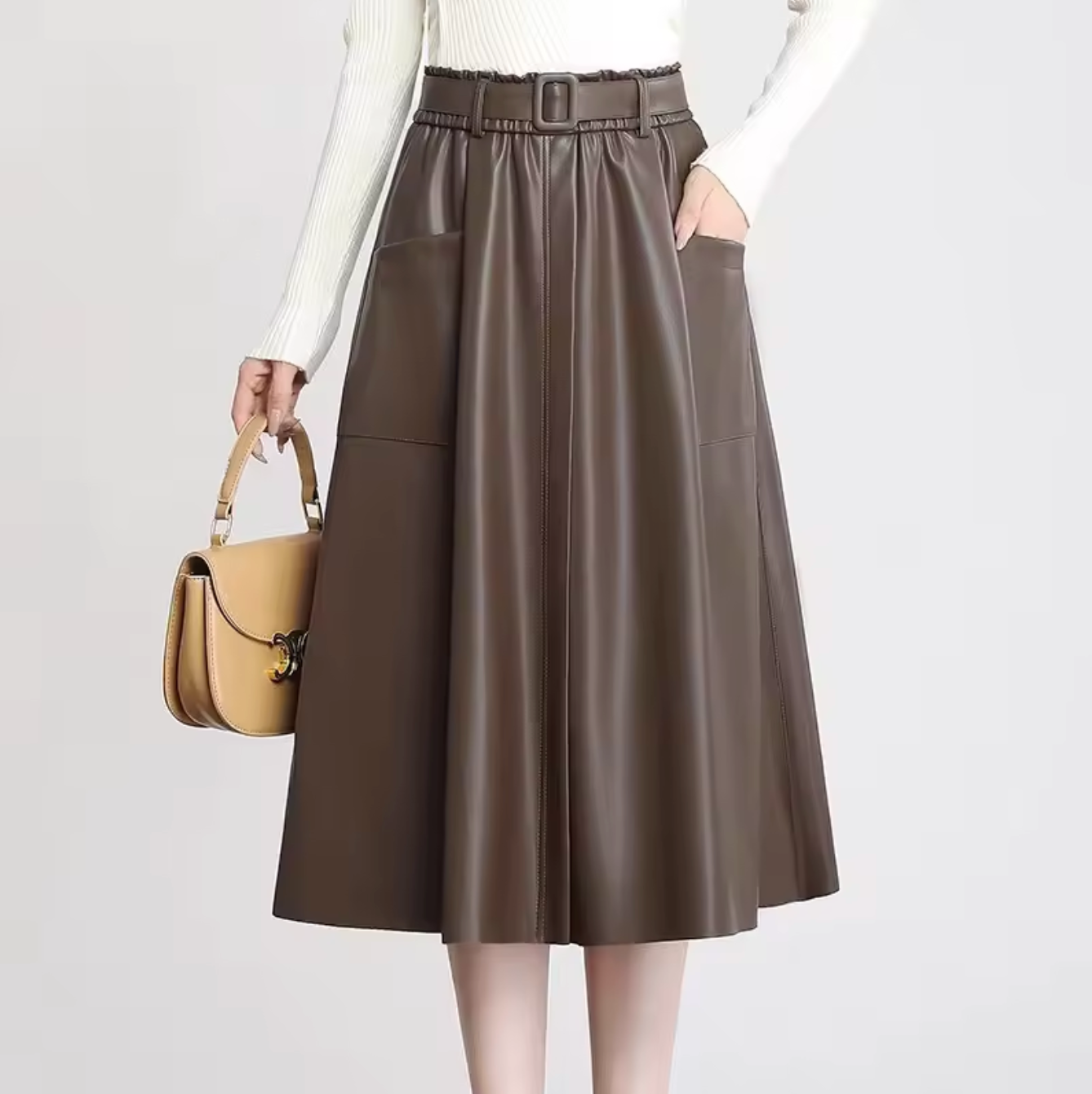 High Waisted Leather Skirt A-Line Midi with Belt & Pockets