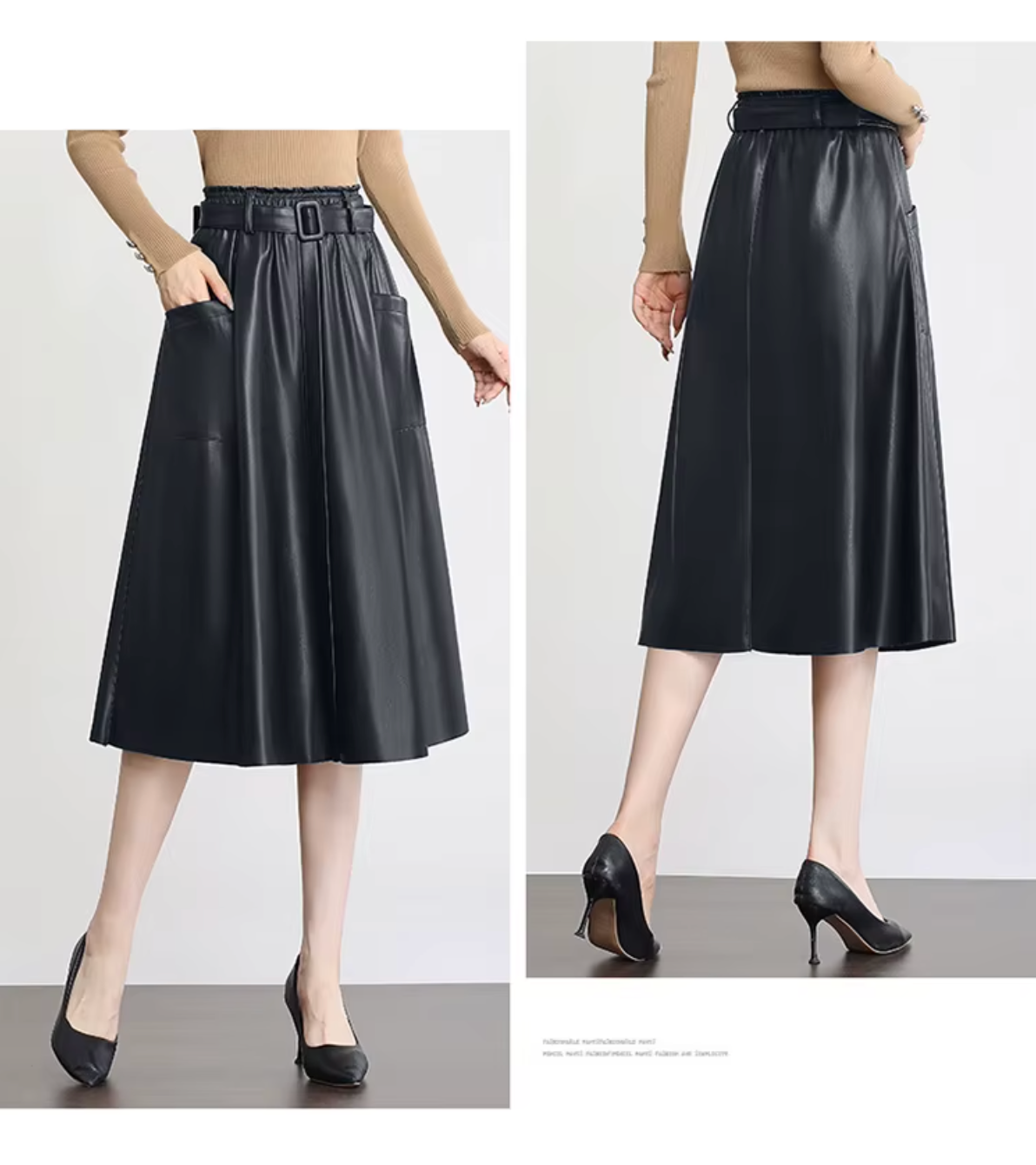 High Waisted Leather Skirt A-Line Midi with Belt & Pockets