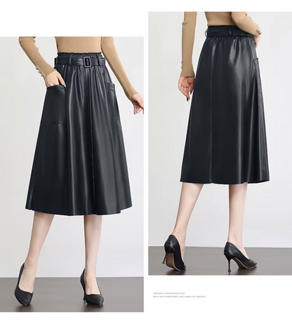 High Waisted Leather Skirt A-Line Midi with Belt & Pockets