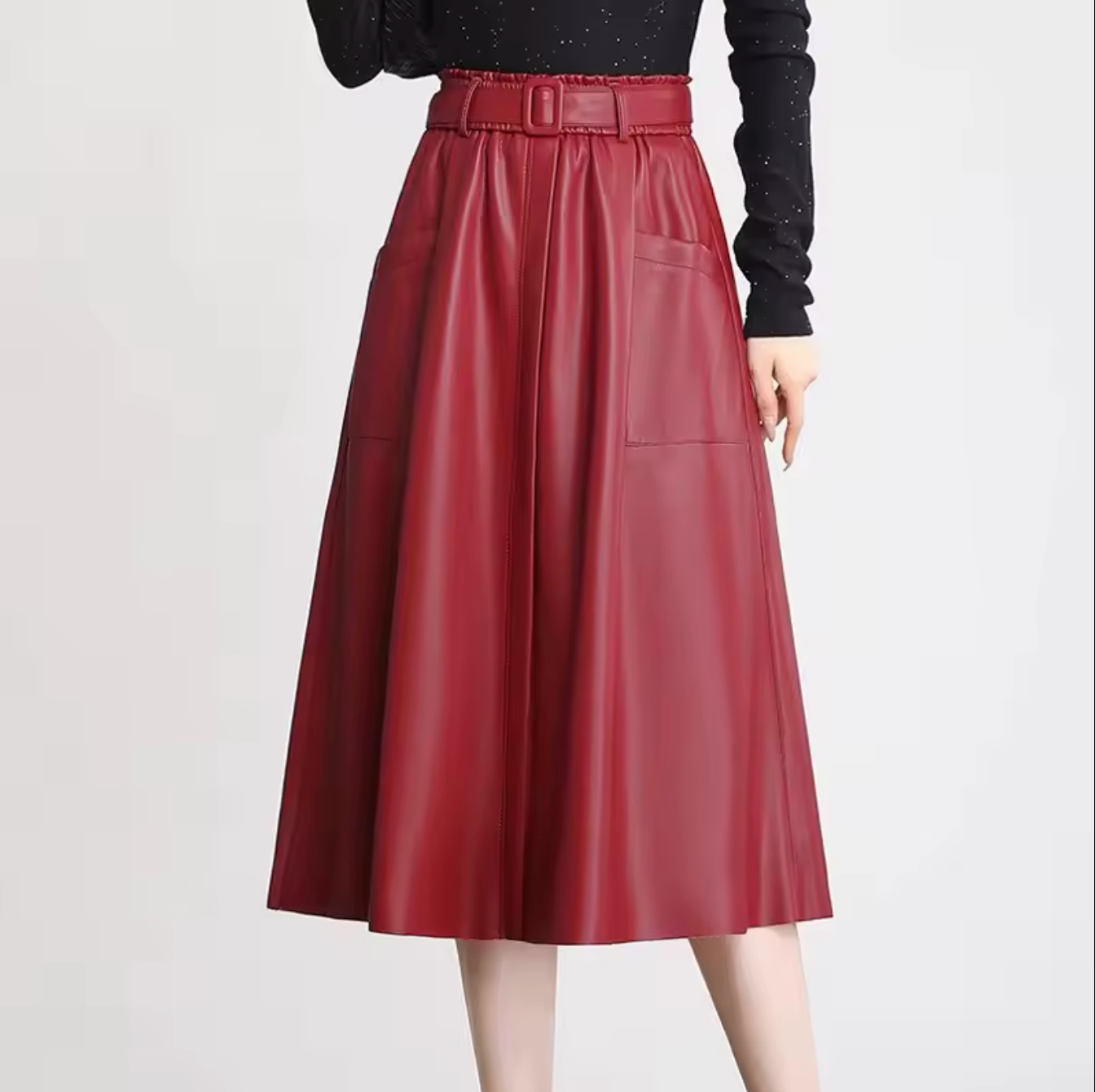 High Waisted Leather Skirt A-Line Midi with Belt & Pockets