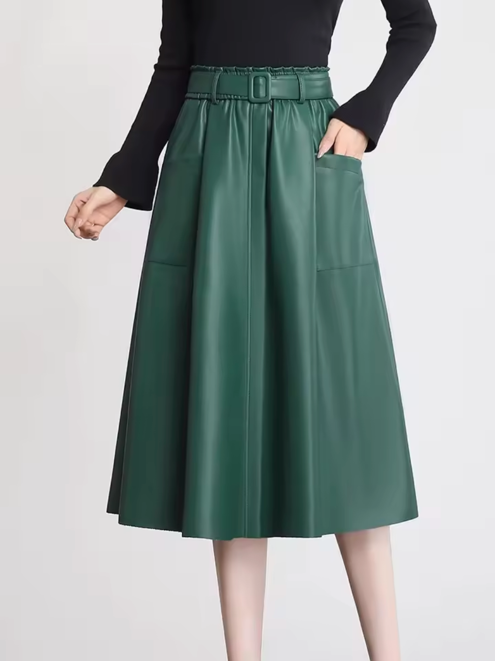 High Waisted Leather Skirt A-Line Midi with Belt & Pockets