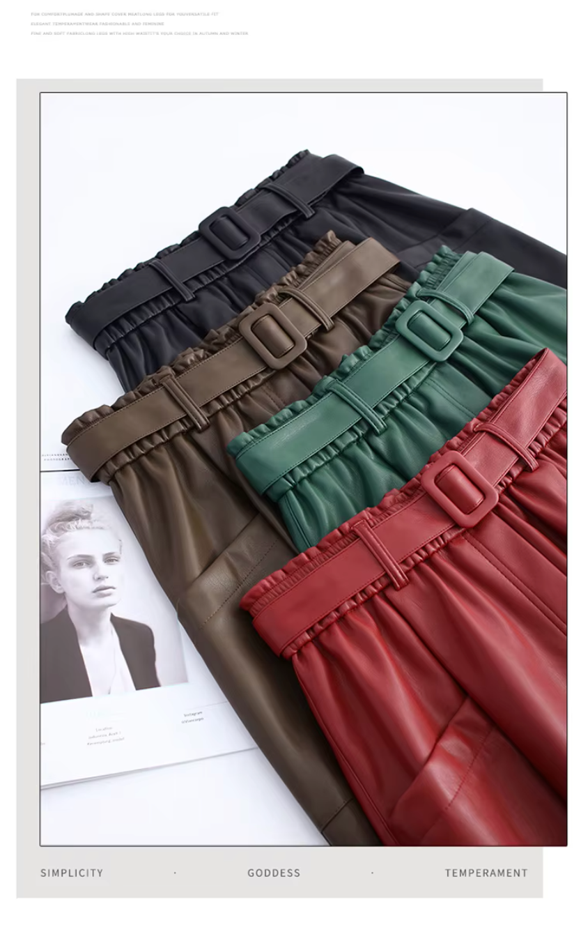 High Waisted Leather Skirt A-Line Midi with Belt & Pockets