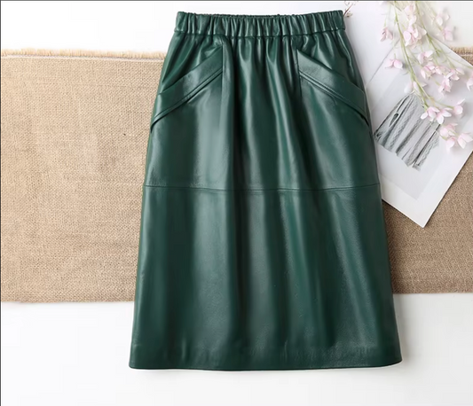 Women’s Genuine Leather Midi Skirt High Waist With Pockets
