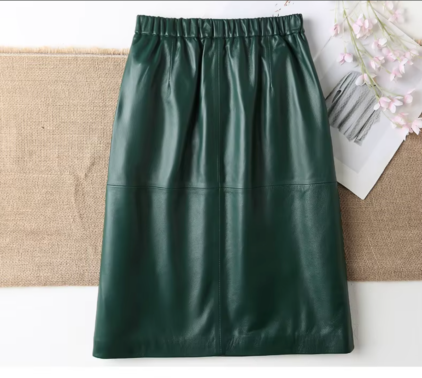Women’s Genuine Leather Midi Skirt High Waist With Pockets