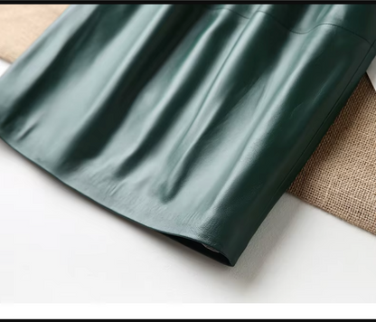 Women’s Genuine Leather Midi Skirt High Waist With Pockets