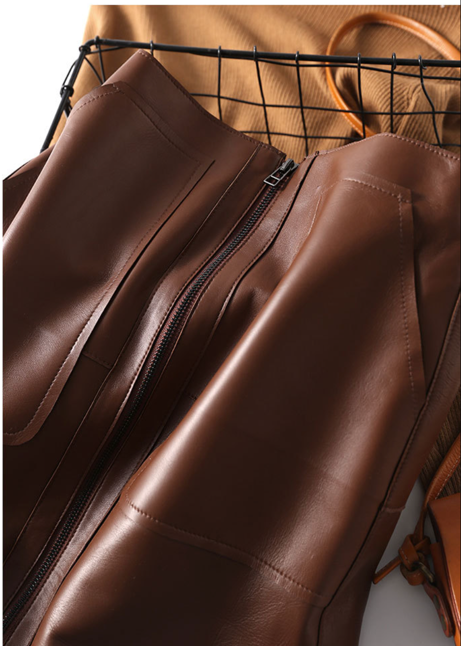 Brown Leather Midi Skirt High Waisted A-Line with Front Zipper