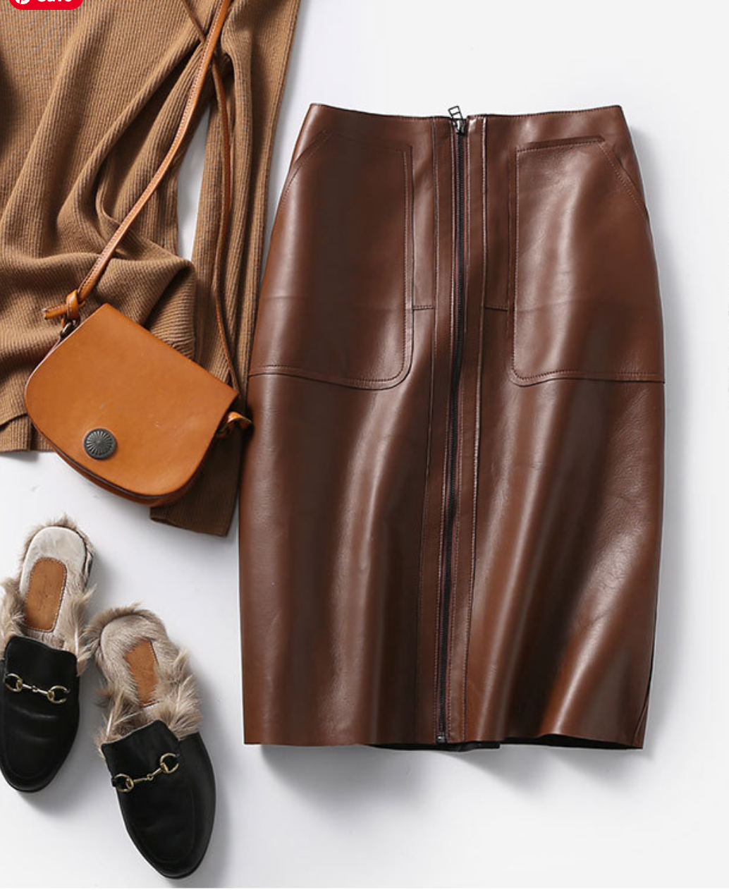 Brown Leather Midi Skirt High Waisted A-Line with Front Zipper