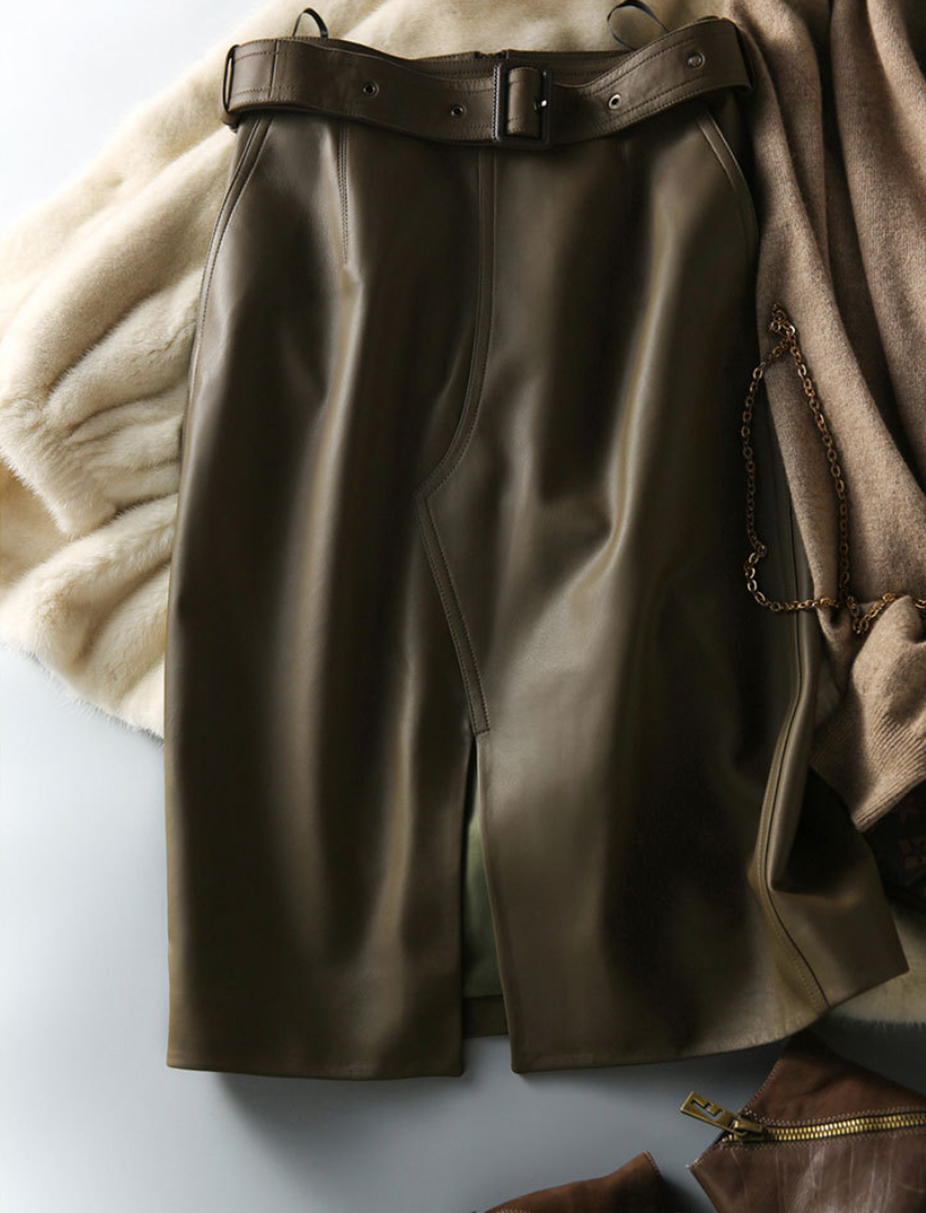 Olive Green Sheepskin Mid Length Leather Skirt with Belt and Slit