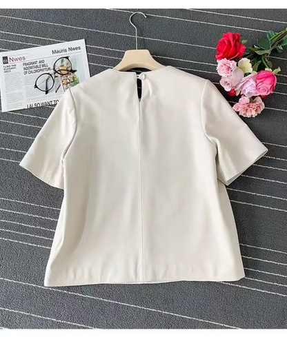 Women’s Black Leather T-Shirt Short Sleeve Top