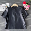 Women’s Black Leather T-Shirt Short Sleeve Top