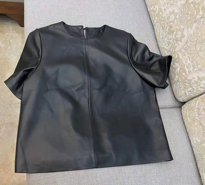 Women’s Black Leather T-Shirt Short Sleeve Top