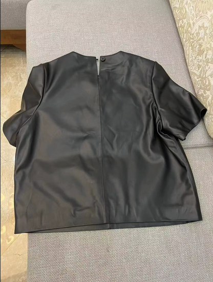 Women’s Black Leather T-Shirt Short Sleeve Top