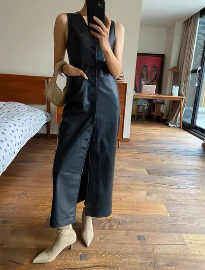 Women Black Leather Long Dress Sleeveless Maxi with Multi Buttons