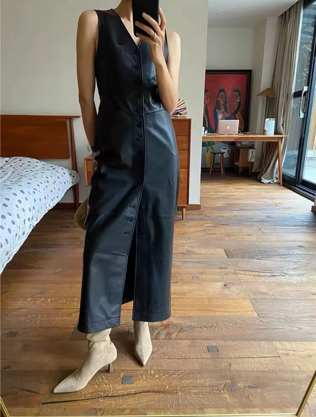 Women Black Leather Long Dress Sleeveless Maxi with Multi Buttons