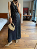 Women Black Leather Long Dress Sleeveless Maxi with Multi Buttons