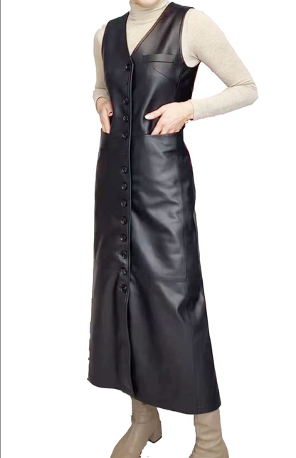 Women Black Leather Long Dress Sleeveless Maxi with Multi Buttons