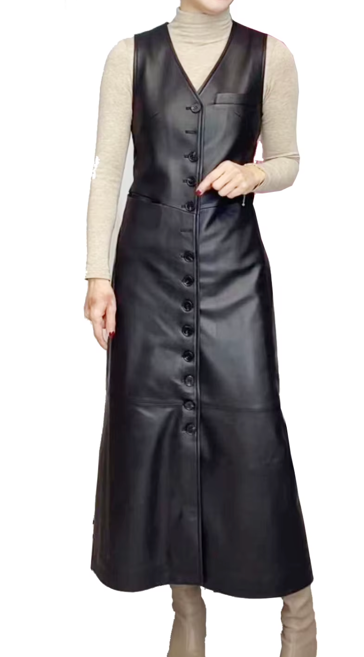 Women Black Leather Long Dress Sleeveless Maxi with Multi Buttons