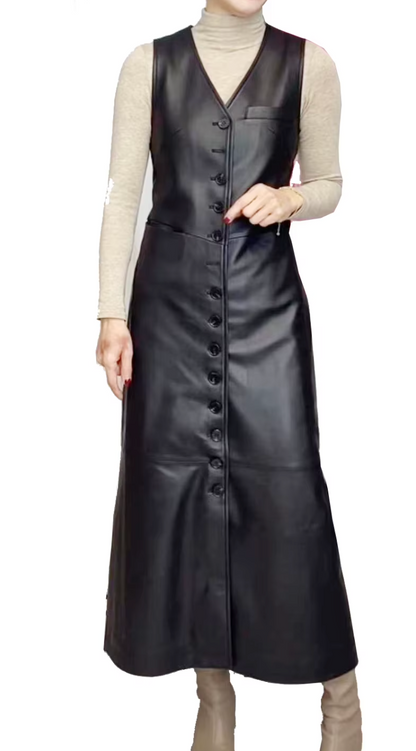 Women Black Leather Long Dress Sleeveless Maxi with Multi Buttons