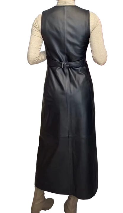 Women Black Leather Long Dress Sleeveless Maxi with Multi Buttons
