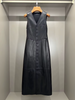 Women Black Leather Long Dress Sleeveless Maxi with Multi Buttons