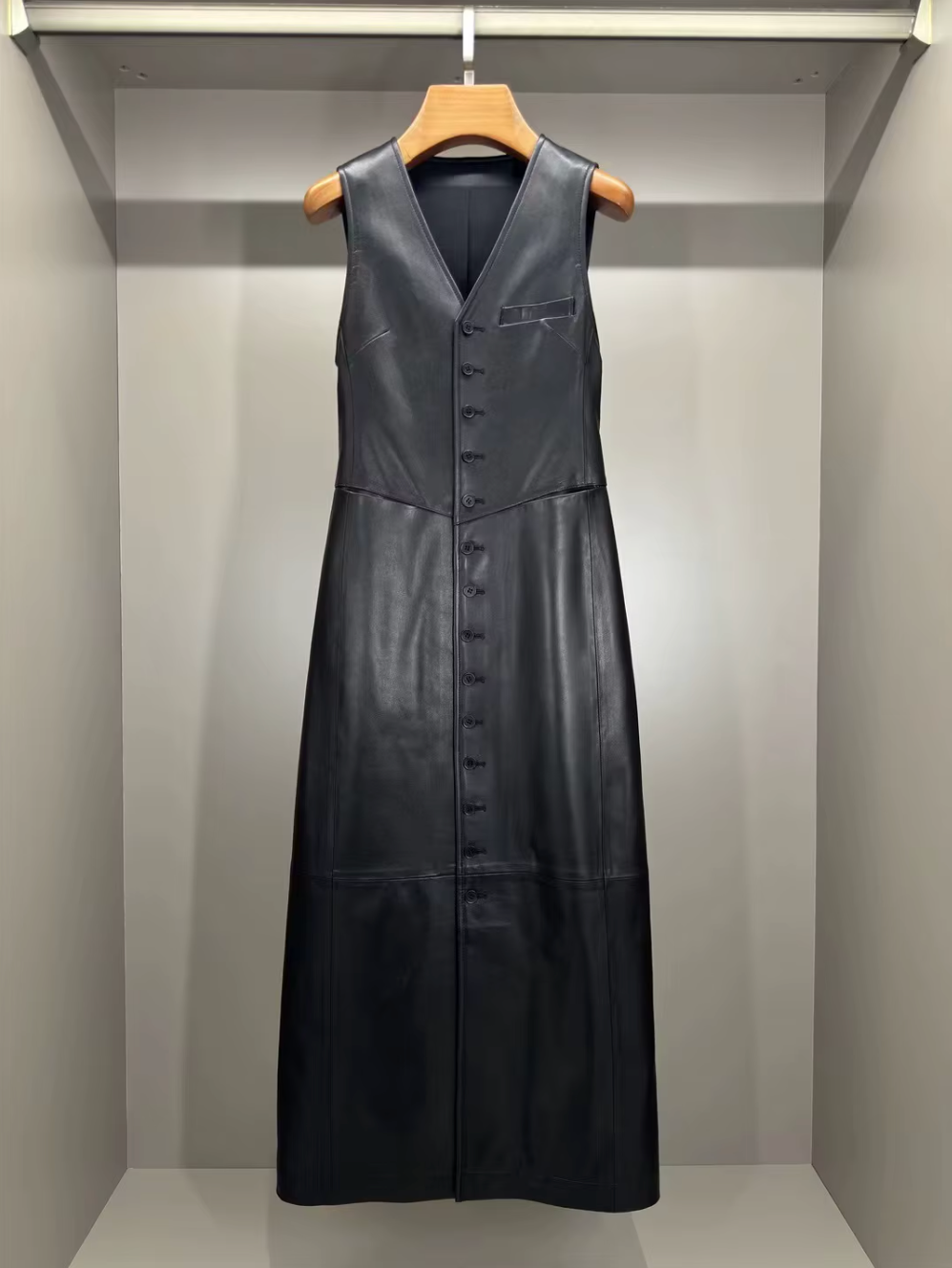 Women Black Leather Long Dress Sleeveless Maxi with Multi Buttons