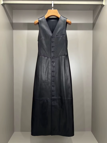 Women Black Leather Long Dress Sleeveless Maxi with Multi Buttons