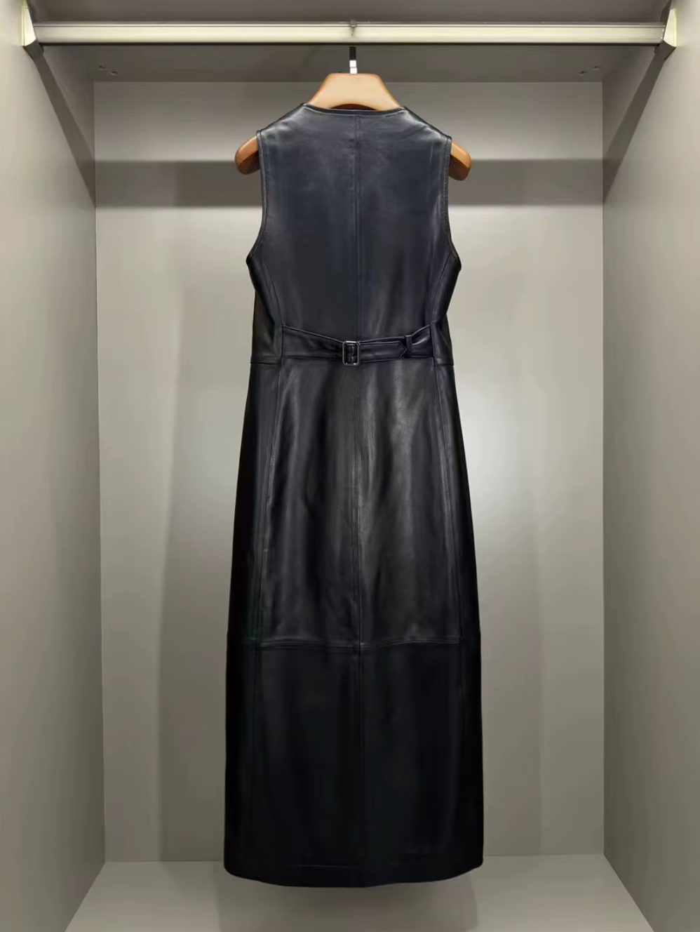 Women Black Leather Long Dress Sleeveless Maxi with Multi Buttons