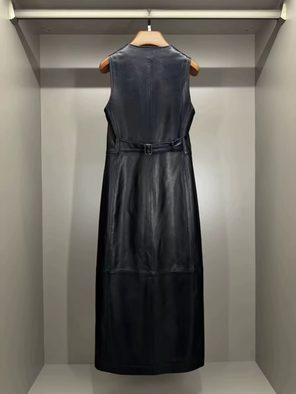 Women Black Leather Long Dress Sleeveless Maxi with Multi Buttons