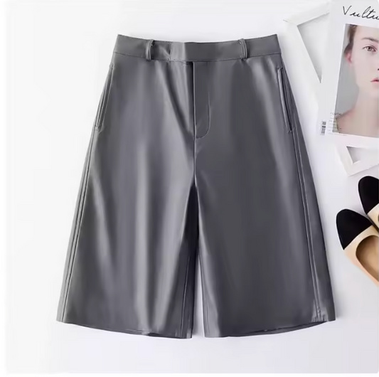 Women High Waisted Sheepskin Leather Bermuda Shorts