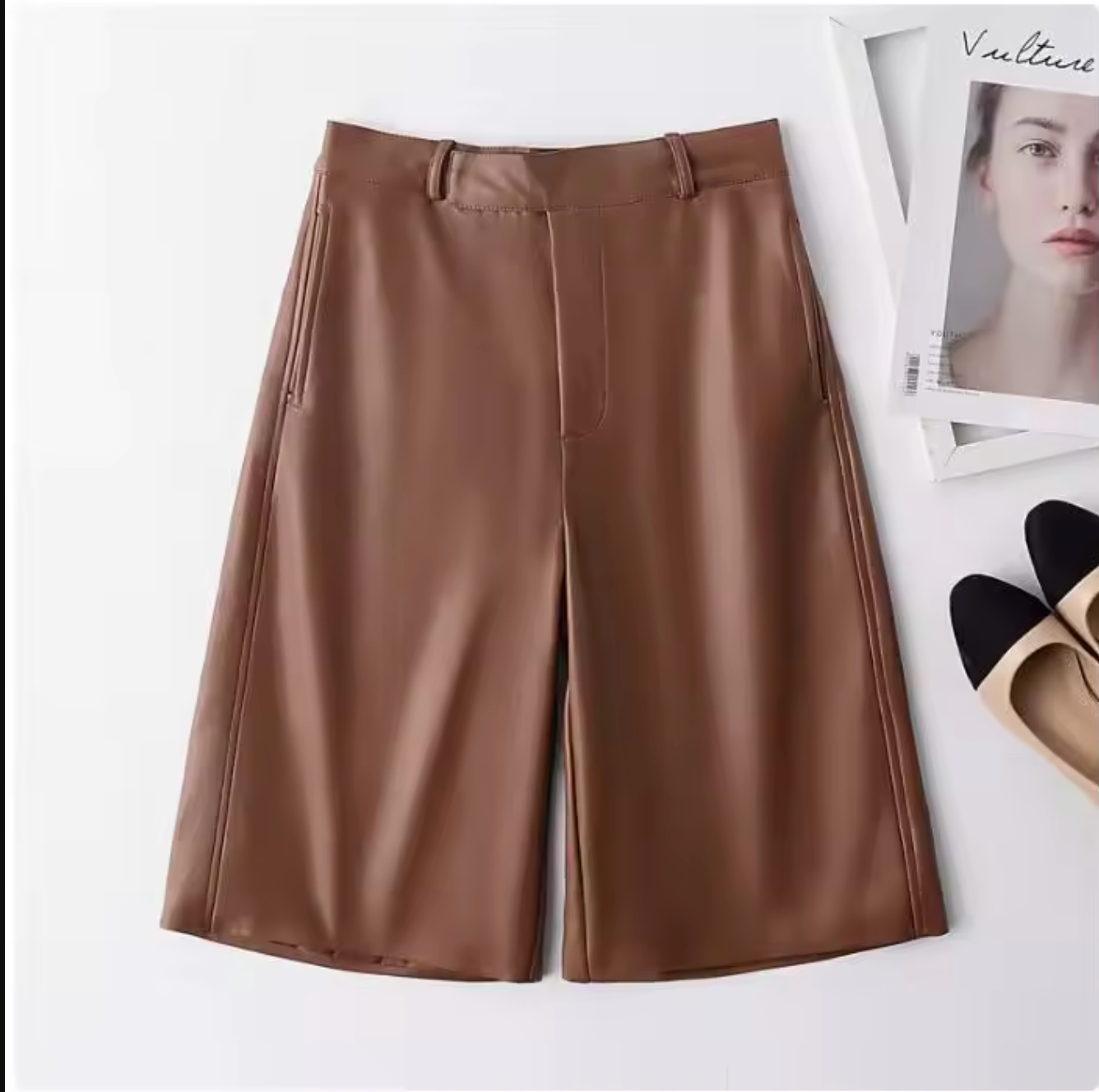 Women High Waisted Sheepskin Leather Bermuda Shorts