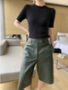 Women High Waisted Sheepskin Leather Bermuda Shorts