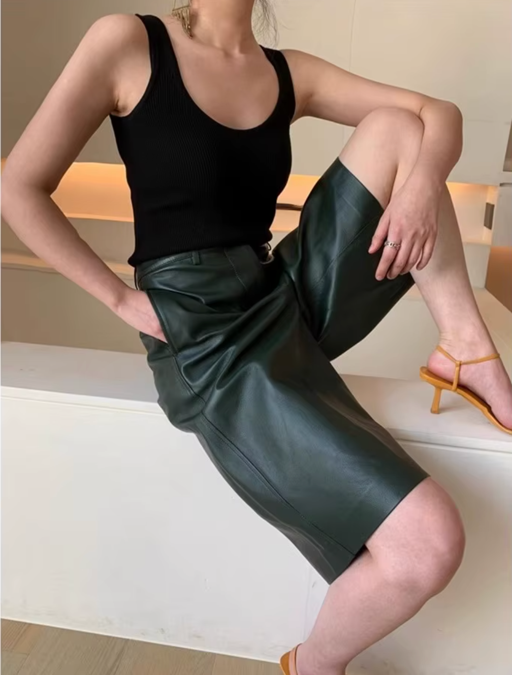 Women High Waisted Sheepskin Leather Bermuda Shorts