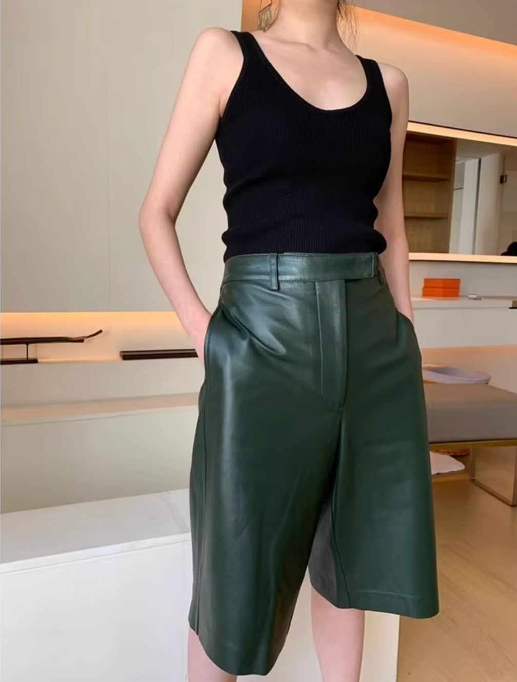 Women High Waisted Sheepskin Leather Bermuda Shorts