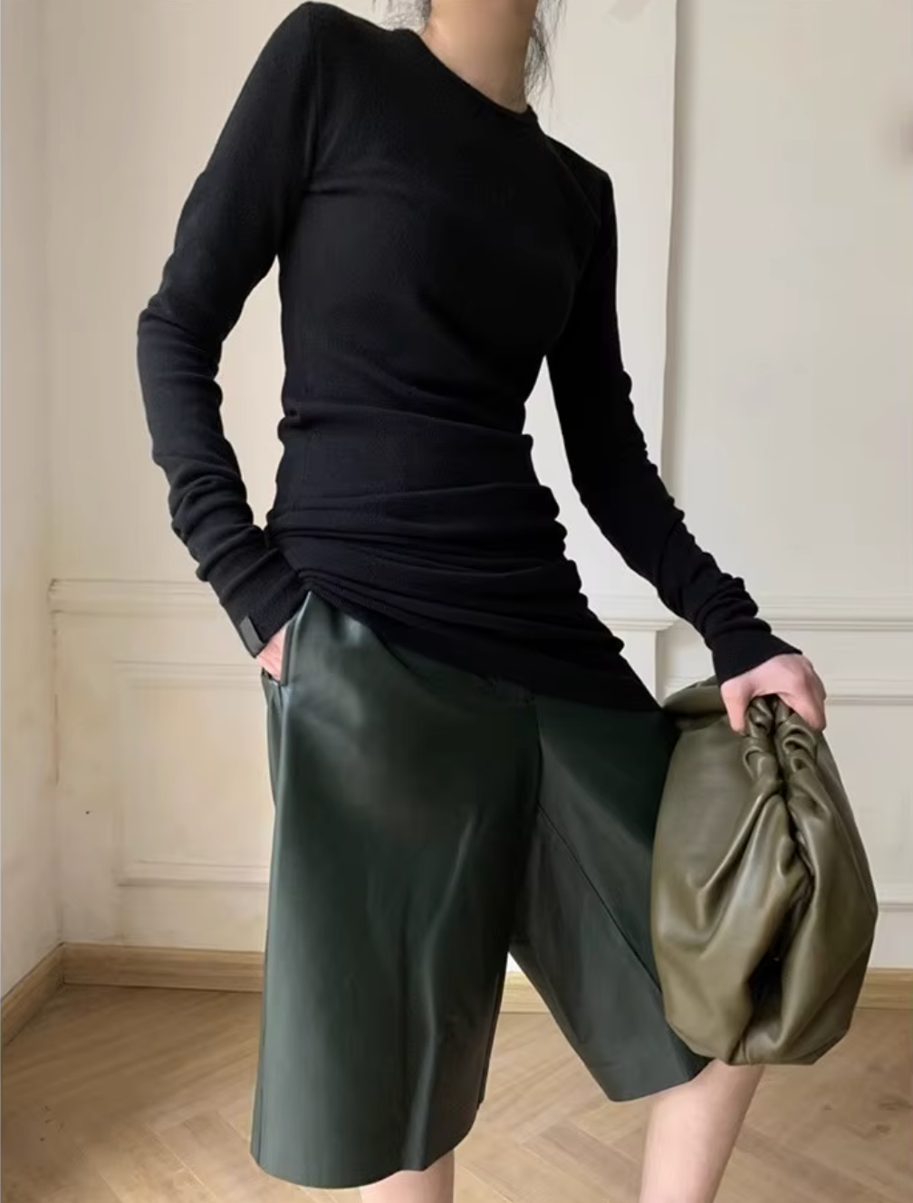 Women High Waisted Sheepskin Leather Bermuda Shorts