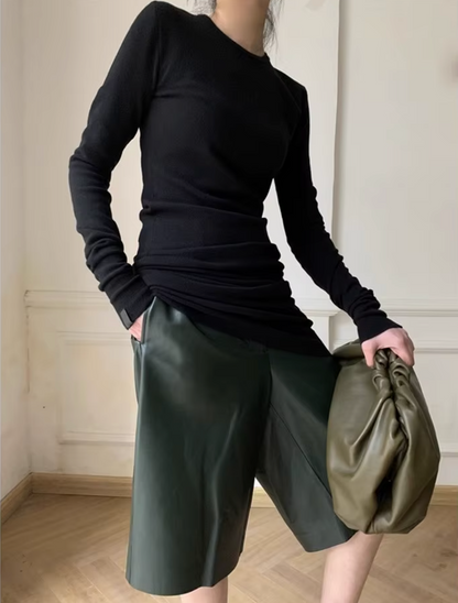 Women High Waisted Sheepskin Leather Bermuda Shorts