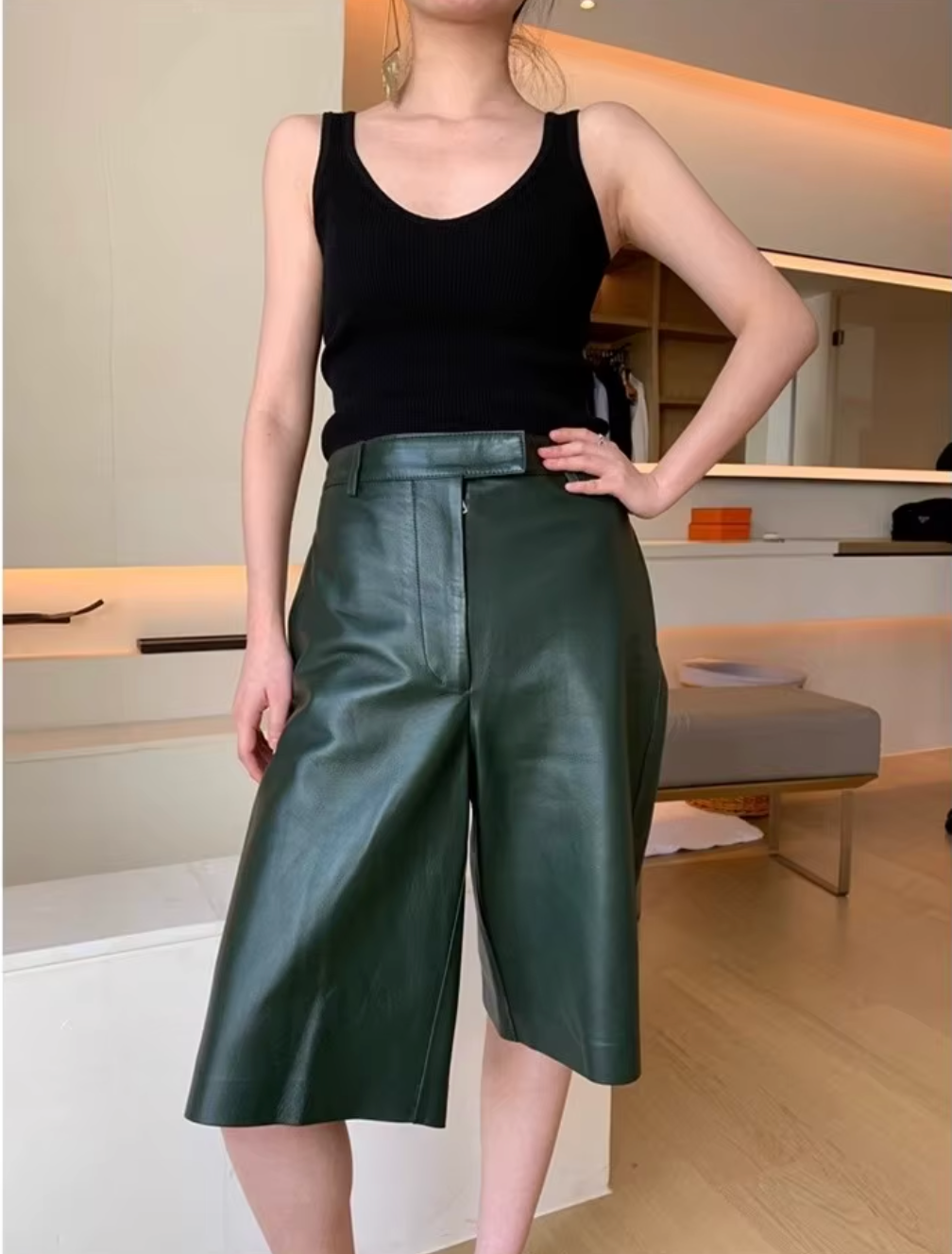 Women High Waisted Sheepskin Leather Bermuda Shorts