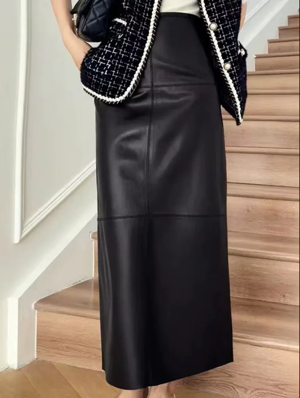 Women Leather Maxi Skirt High Waist Black Ankle Length with Back Slit