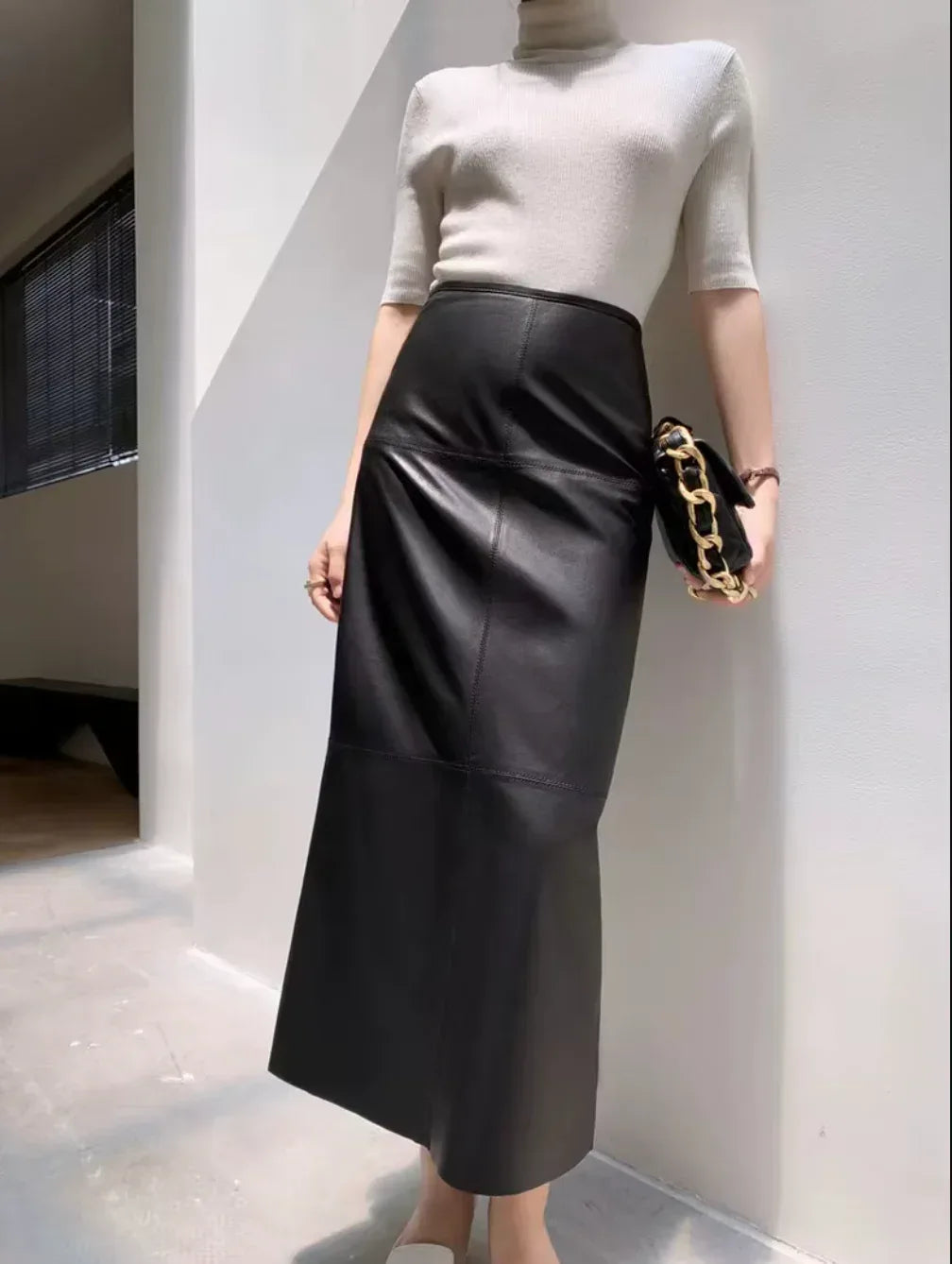 Women Leather Maxi Skirt High Waist Black Ankle Length with Back Slit