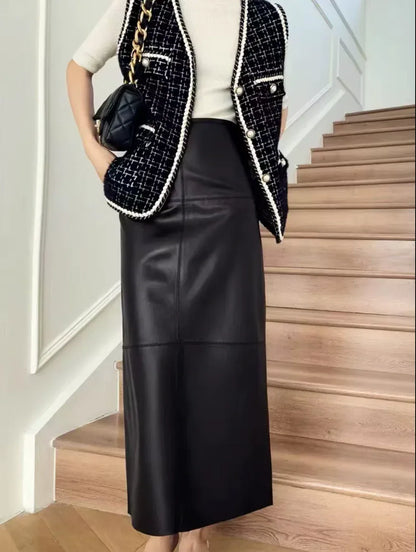 Women Leather Maxi Skirt High Waist Black Ankle Length with Back Slit
